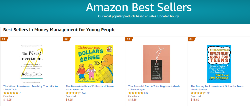 A screenshot of Amazon Best Sellers books in the Money Management for Young People category, which shows The Wisest Investment as #1 shortly after its book launch.