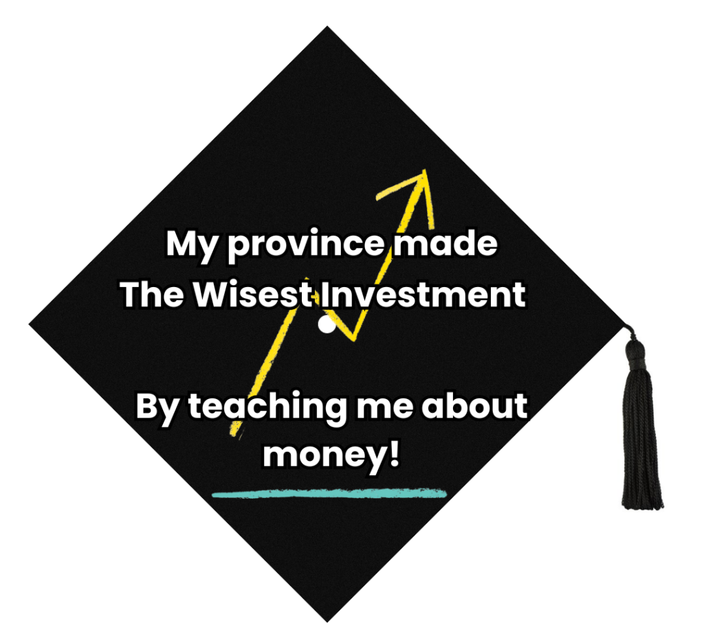 Picture of black graduation cap with the words "My province made the wisest investment by teaching me about money" on it in white text